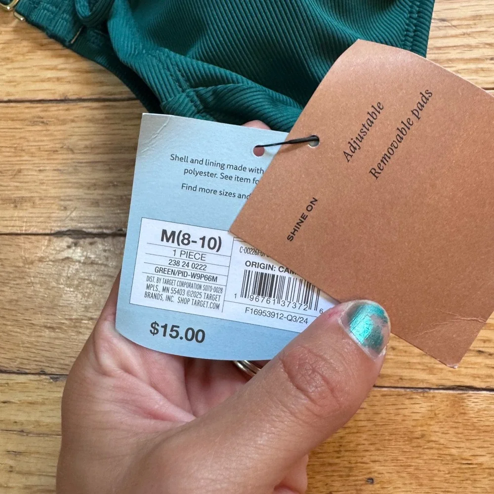 Shade & Shore Dark Green Ribbed Front Tie Bikini Top Removable Pads Medium 8-10